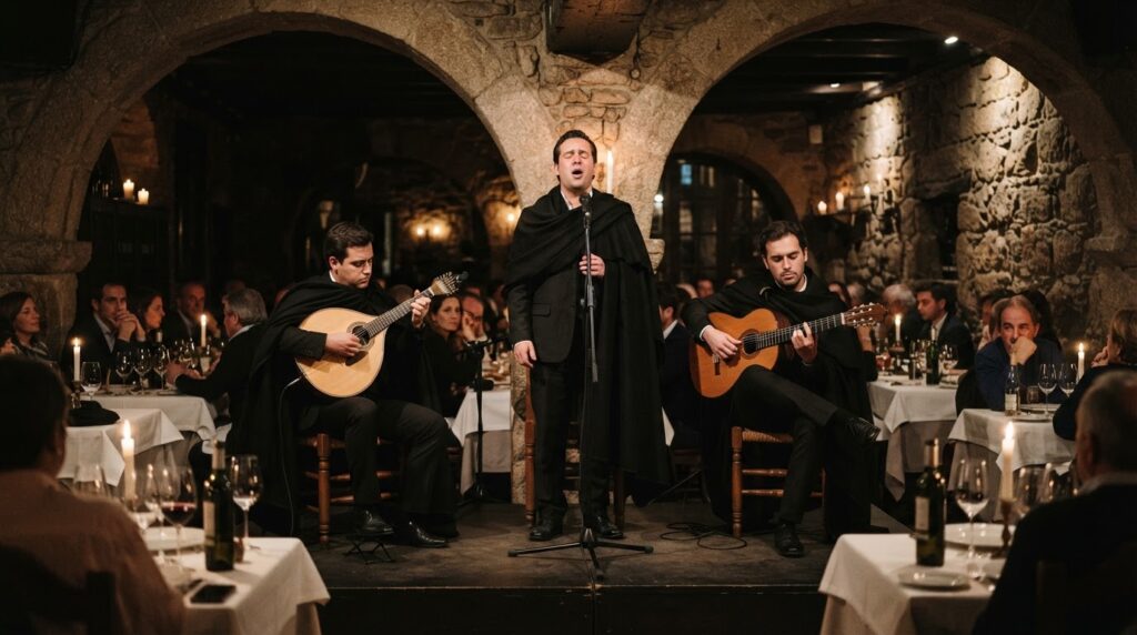 Músicos de fado de Coimbra com capa negra, guitarra portuguesa e viola, num jantar